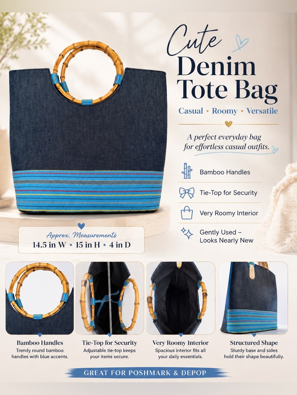 Denim Tote Bag with Bamboo Handles - Blue